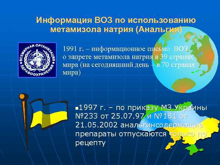 Информация ВОЗ по использованию метамизола натрия (Анальгин) 1991 г. – информационное письмо ВОЗ о
