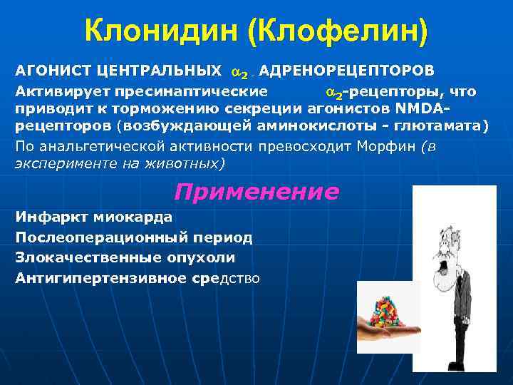 Клонидин (Клофелин) АГОНИСТ ЦЕНТРАЛЬНЫХ 2 - АДРЕНОРЕЦЕПТОРОВ Активирует пресинаптические 2 -рецепторы, что приводит к