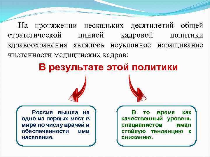 На протяжении нескольких десятилетий общей стратегической линией кадровой политики здравоохранения являлось неуклонное наращивание численности