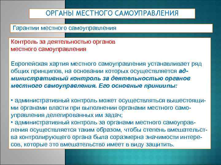 ОРГАНЫ МЕСТНОГО САМОУПРАВЛЕНИЯ Гарантии местного самоуправления Контроль за деятельностью органов местного самоуправления Европейская хартия