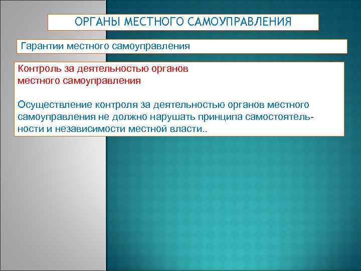 ОРГАНЫ МЕСТНОГО САМОУПРАВЛЕНИЯ Гарантии местного самоуправления Контроль за деятельностью органов местного самоуправления Осуществление контроля