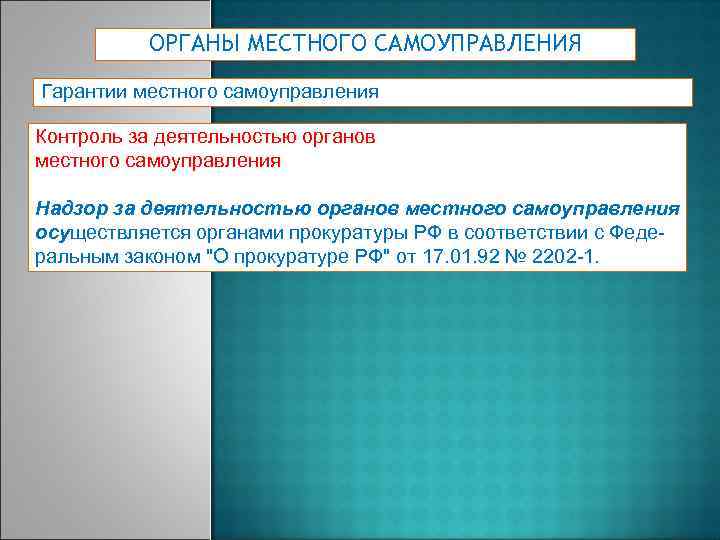 ОРГАНЫ МЕСТНОГО САМОУПРАВЛЕНИЯ Гарантии местного самоуправления Контроль за деятельностью органов местного самоуправления Надзор за