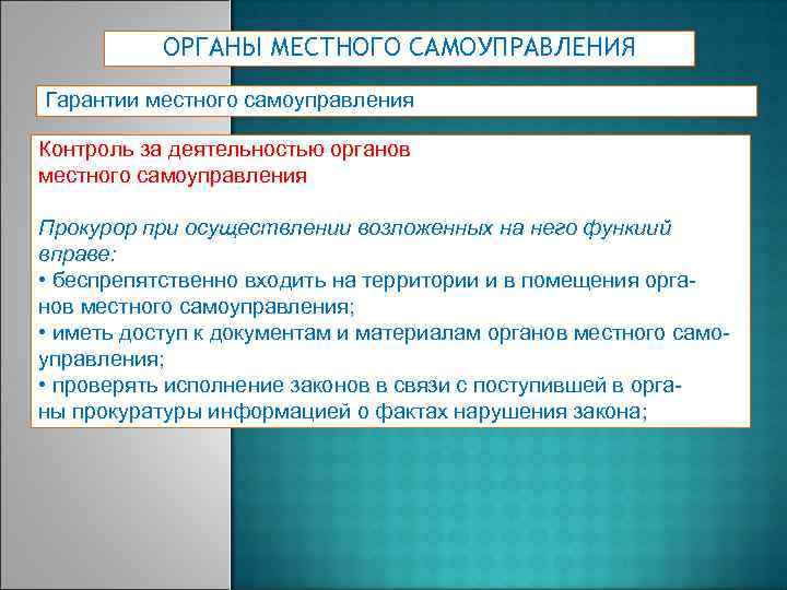 ОРГАНЫ МЕСТНОГО САМОУПРАВЛЕНИЯ Гарантии местного самоуправления Контроль за деятельностью органов местного самоуправления Прокурор при