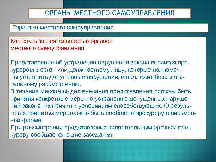 ОРГАНЫ МЕСТНОГО САМОУПРАВЛЕНИЯ Гарантии местного самоуправления Контроль за деятельностью органов местного самоуправления Представление об