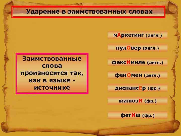  Ударение в заимствованных словах м. Аркетинг (англ. ) пул. Овер (англ. ) Заимствованные