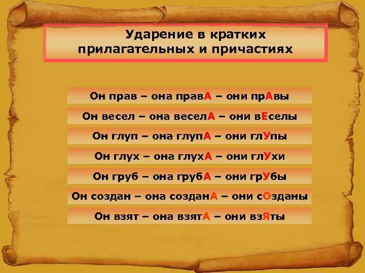  Ударение в кратких прилагательных и причастиях Он прав – она прав. А –