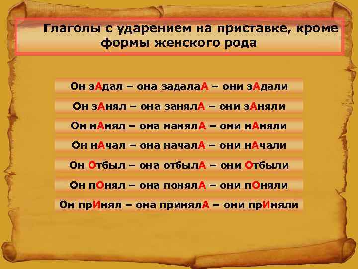  Глаголы с ударением на приставке, кроме формы женского рода Он з. Адал –