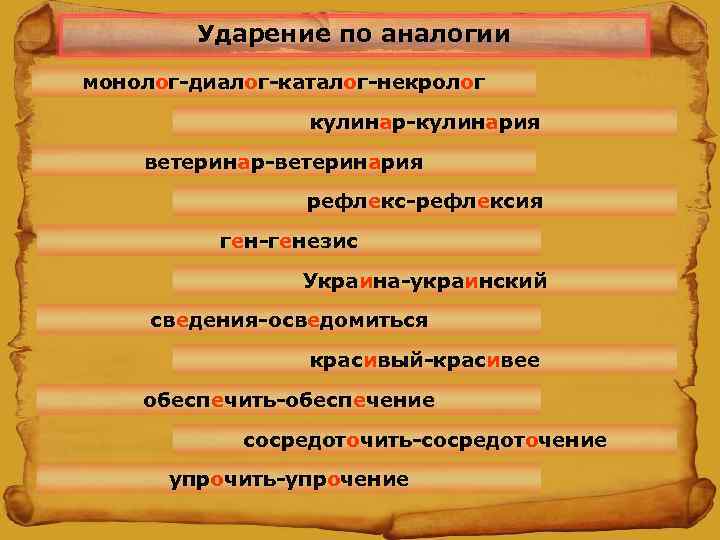 Ударение по аналогии монолог-диалог-каталог-некролог кулинар-кулинария ветеринар-ветеринария рефлекс-рефлексия ген-генезис Украина-украинский сведения-осведомиться красивый-красивее обеспечить-обеспечение сосредоточить-сосредоточение упрочить-упрочение