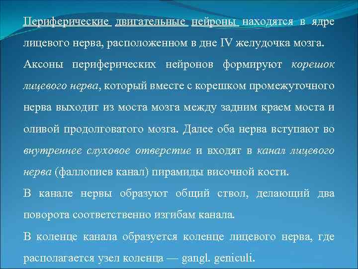 Периферические двигательные нейроны находятся в ядре лицевого нерва, расположенном в дне IV желудочка мозга.