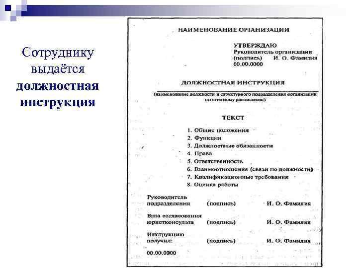 Сотруднику выдаётся должностная инструкция 