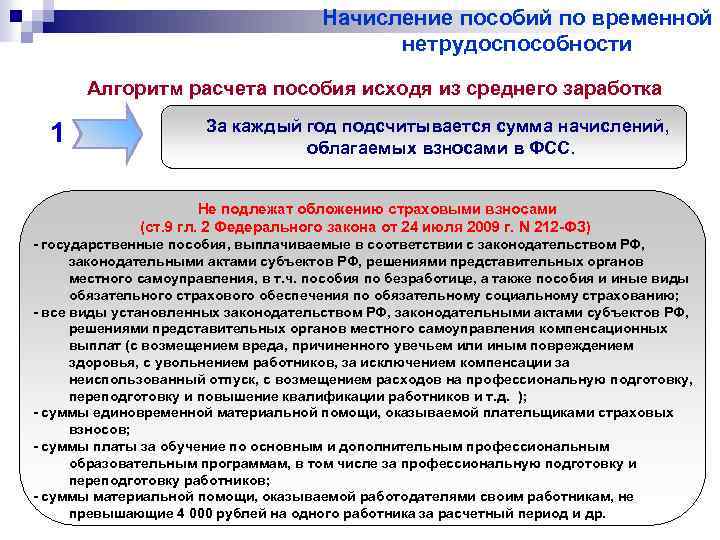 Начисление пособий по временной нетрудоспособности Алгоритм расчета пособия исходя из среднего заработка 1 За