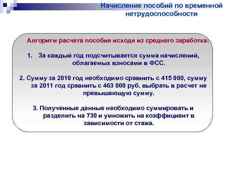 Начисление пособий по временной нетрудоспособности Алгоритм расчета пособия исходя из среднего заработка: 1. За