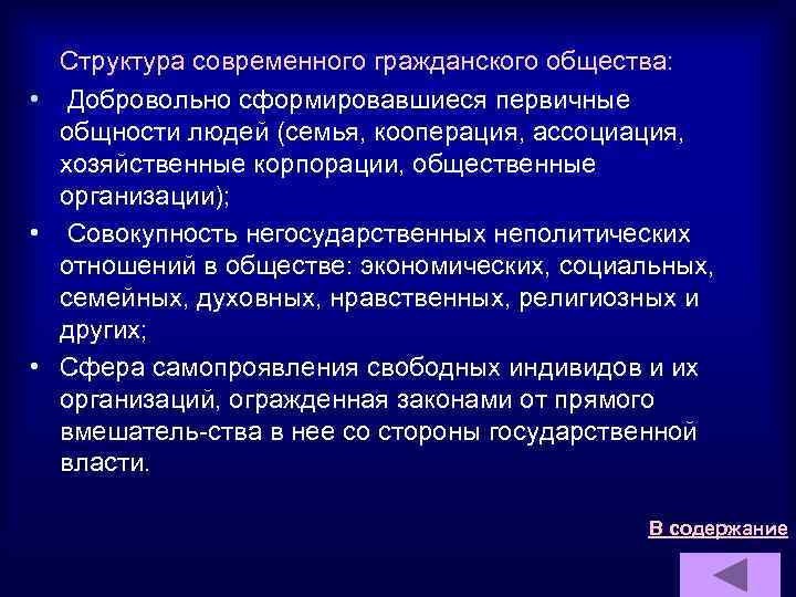  Структура современного гражданского общества: • Добровольно сформировавшиеся первичные общности людей (семья, кооперация, ассоциация,