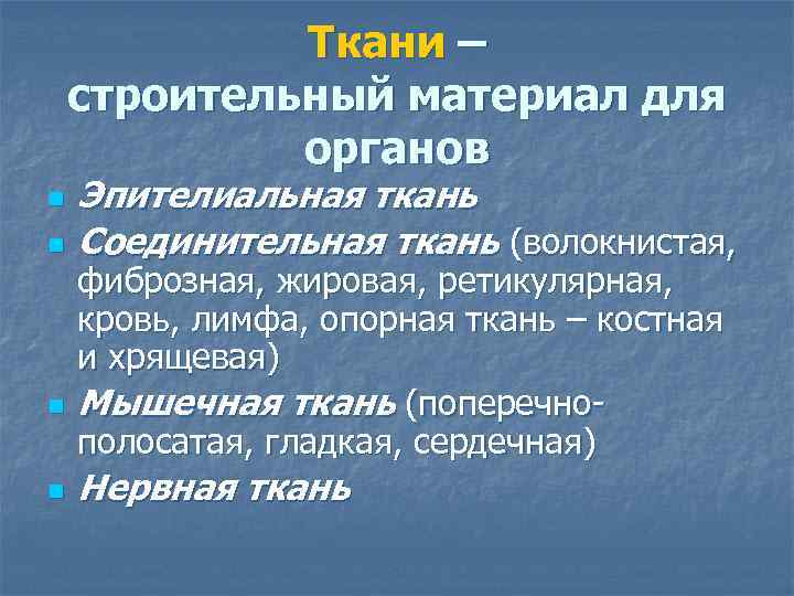 Ткани – строительный материал для органов n n Эпителиальная ткань Соединительная ткань (волокнистая, фиброзная,