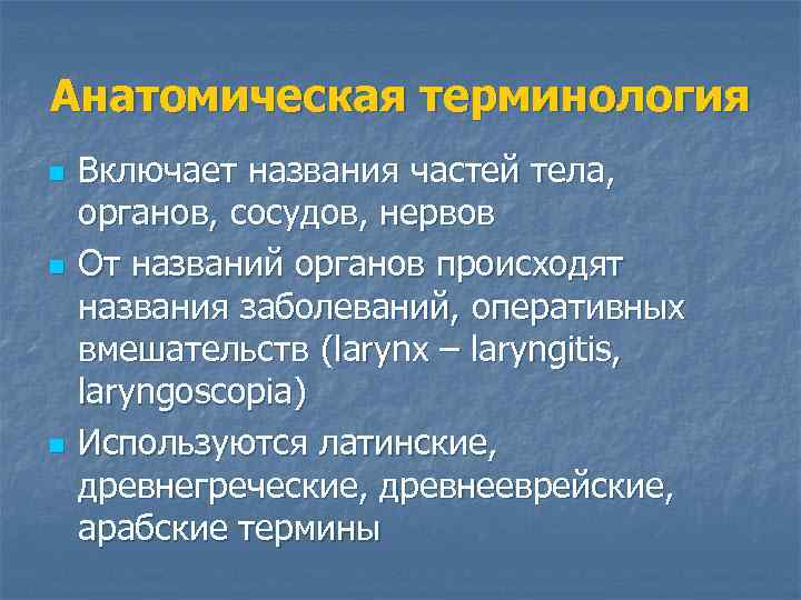 Анатомическая терминология n n n Включает названия частей тела, органов, сосудов, нервов От названий