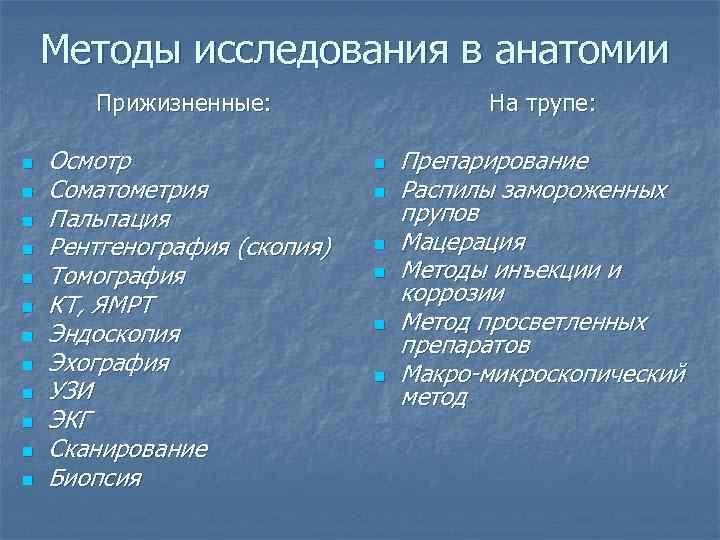 Методы исследования в анатомии Прижизненные: n n n Осмотр Соматометрия Пальпация Рентгенография (скопия) Томография