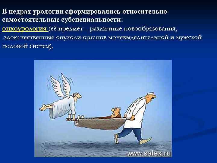 В недрах урологии сформировались относительно самостоятельные субспециальности: онкоурология (её предмет – различные новообразования, злокачественные