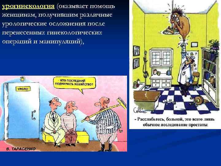 урогинекология (оказывает помощь женщинам, получившим различные урологические осложнения после перенесенных гинекологических операций и манипуляций),