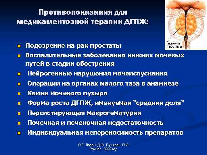 Противопоказания для медикаментозной терапии ДГПЖ: n Подозрение на рак простаты n Воспалительные заболевания нижних