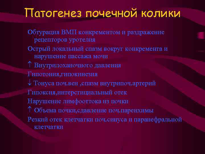 Патогенез почечной колики Обтурация ВМП конкрементом и раздражение рецепторов уротелия Острый локальный спазм вокруг