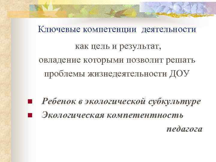Ключевые компетенции деятельности как цель и результат, овладение которыми позволит решать проблемы жизнедеятельности ДОУ