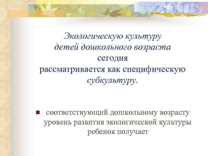 Экологическую культуру детей дошкольного возраста сегодня рассматривается как специфическую субкультуру. n соответствующий дошкольному возрасту