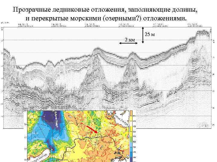 Прозрачные ледниковые отложения, заполняющие долины, и перекрытые морскими (озерными? ) отложениями. 2 км 25