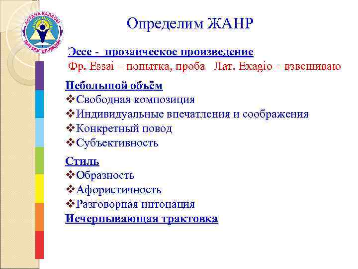 Определим ЖАНР Эссе - прозаическое произведение Фр. Essai – попытка, проба Лат. Exagio –