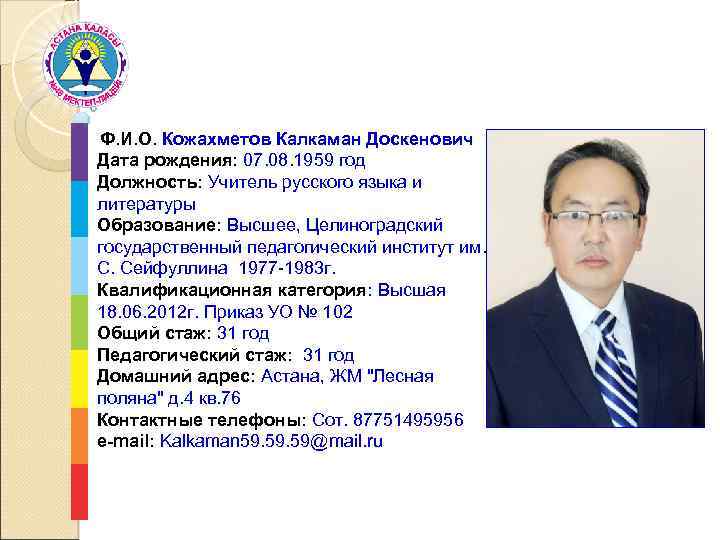 Ф. И. О. Кожахметов Калкаман Доскенович Дата рождения: 07. 08. 1959 год Должность: Учитель