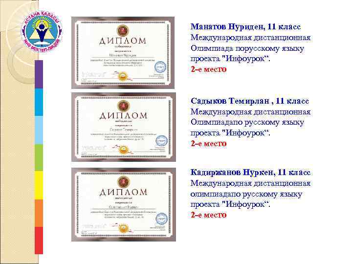 Манатов Нуриден, 11 класс Международная дистанционная Олимпиада порусскому языку проекта 