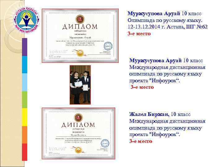 Муржусупова Аруай 10 класс Олимпиада по русскому языку. 12 -13. 12. 2014 г. Астана,