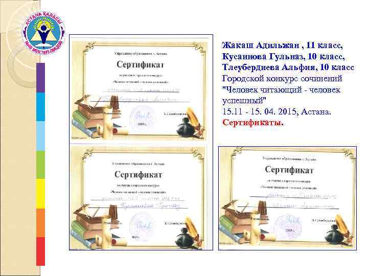 Жакаш Адильжан , 11 класс, Кусаинова Гульназ, 10 класс, Тлеубердиева Альфия, 10 класс Городской