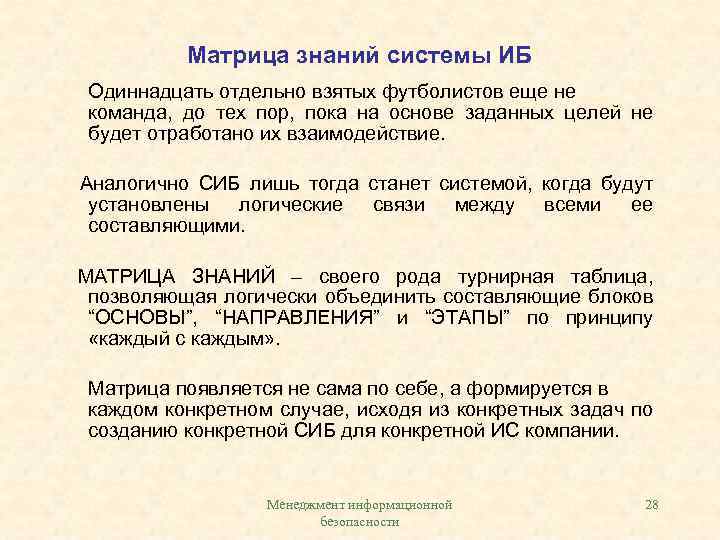 Матрица знаний системы ИБ Одиннадцать отдельно взятых футболистов еще не команда, до тех пор,