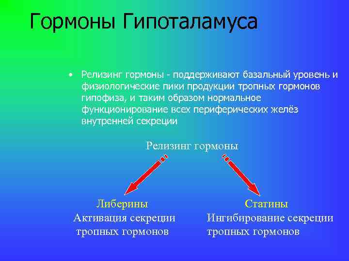 Гормоны Гипоталамуса • Релизинг гормоны - поддерживают базальный уровень и физиологические пики продукции тропных