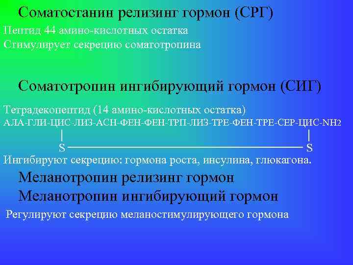 Соматостанин релизинг гормон (СРГ) Пептид 44 амино-кислотных остатка Стимулирует секрецию соматотропина Соматотропин ингибирующий гормон
