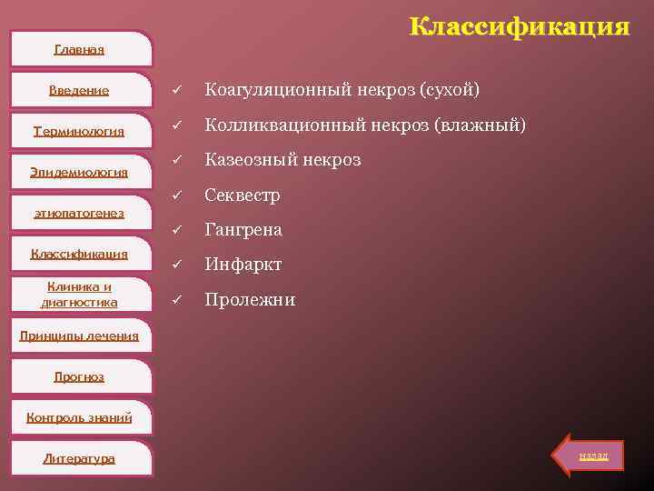 Классификация Главная Введение ü Коагуляционный некроз (сухой) Терминология ü Колликвационный некроз (влажный) ü Казеозный