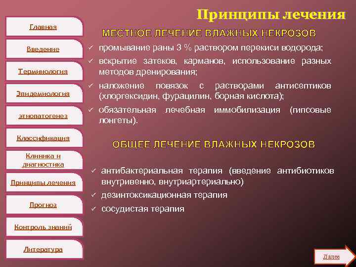 Принципы лечения Главная МЕСТНОЕ ЛЕЧЕНИЕ ВЛАЖНЫХ НЕКРОЗОВ ü промывание раны 3 % раствором перекиси