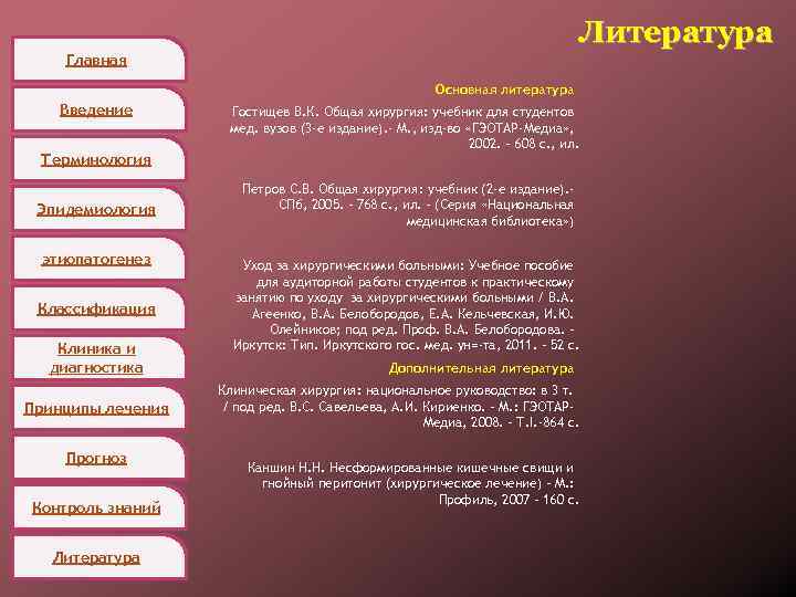 Литература Главная Основная литература Введение Терминология Эпидемиология этиопатогенез Классификация Клиника и диагностика Принципы лечения
