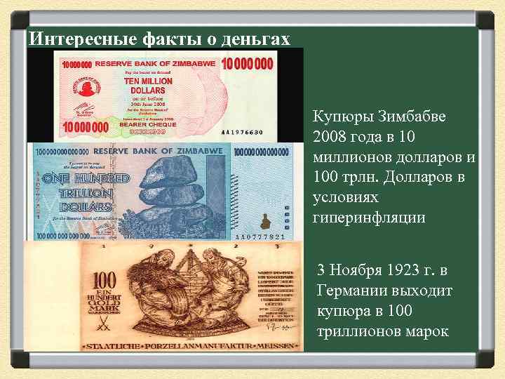 Интересные факты о деньгах Купюры Зимбабве 2008 года в 10 миллионов долларов и 100