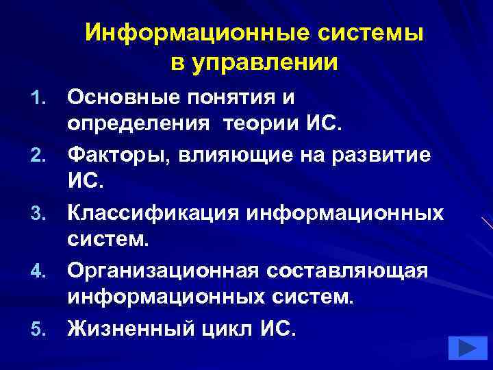 Информационные системы в управлении 1. Основные понятия и 2. 3. 4. 5. определения теории