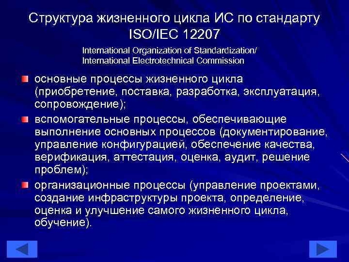 Структура жизненного цикла ИС по стандарту ISO/IEC 12207 International Organization of Standardization/ International Electrotechnical