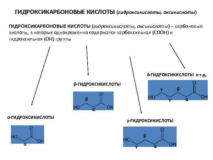 ГИДРОКСИКАРБОНОВЫЕ КИСЛОТЫ (гидроксикислоты, оксикислоты) – карбоновые кислоты, в которых одновременно содержатся карбоксильная (СООН) и