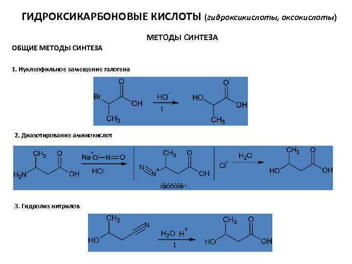 ГИДРОКСИКАРБОНОВЫЕ КИСЛОТЫ (гидроксикислоты, оксокислоты) МЕТОДЫ СИНТЕЗА ОБЩИЕ МЕТОДЫ СИНТЕЗА 1. Нуклеофильное замещение галогена 2.