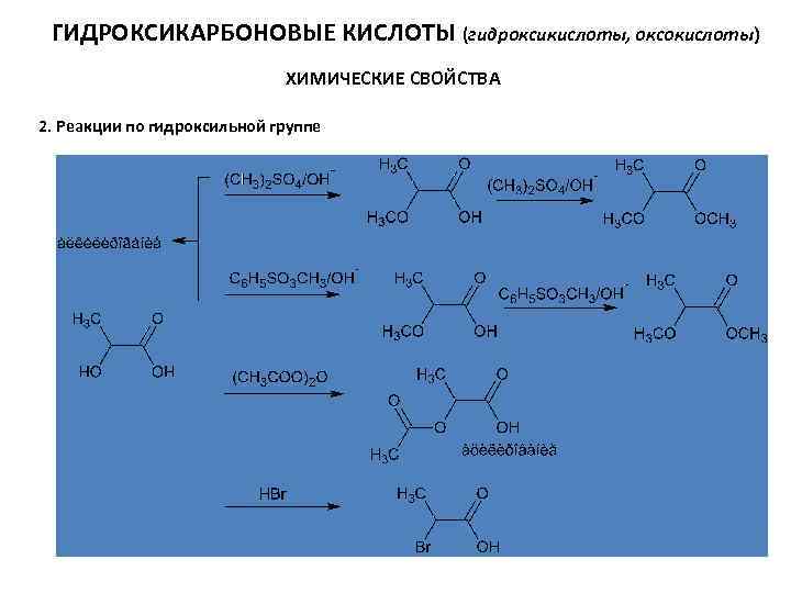 ГИДРОКСИКАРБОНОВЫЕ КИСЛОТЫ (гидроксикислоты, оксокислоты) ХИМИЧЕСКИЕ СВОЙСТВА 2. Реакции по гидроксильной группе 