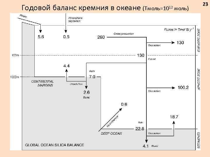 Годовой баланс кремния в океане (Тмоль=1012 моль) 23 