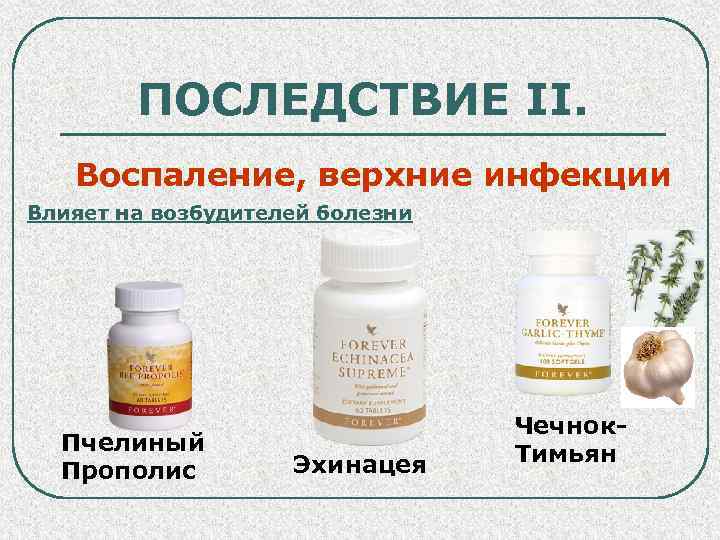 ПОСЛЕДСТВИЕ II. Воспаление, верхние инфекции Влияет на возбудителей болезни Пчелиный Прополис Эхинацея Чечнок. Тимьян