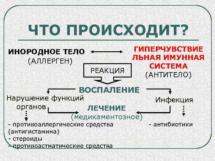 ЧТО ПРОИСХОДИТ? ИНОРОДНОЕ ТЕЛО (АЛЛЕРГЕН) РЕАКЦИЯ ГИПЕРЧУВСТВИЕ ЛЬНАЯ ИМУННАЯ СИСТЕМА (АНТИТЕЛО) ВОСПАЛЕНИЕ Нарушение функций