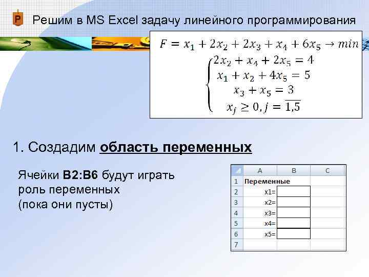 Решим в MS Excel задачу линейного программирования 1. Создадим область переменных Ячейки В 2: