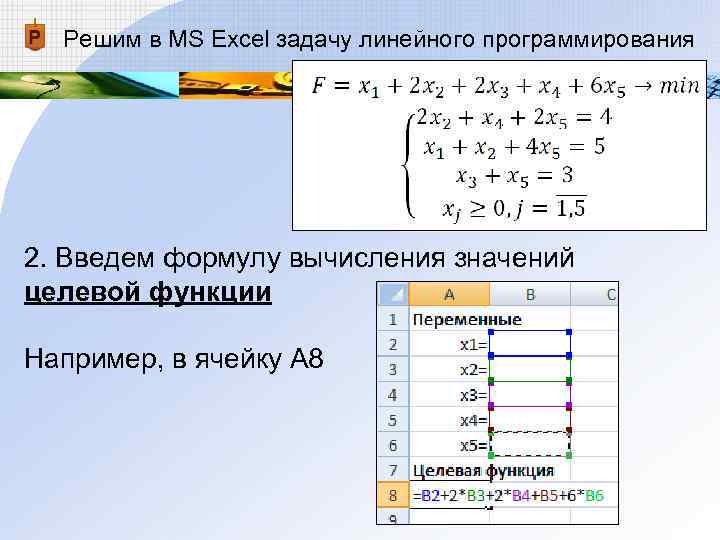 Решим в MS Excel задачу линейного программирования 2. Введем формулу вычисления значений целевой функции
