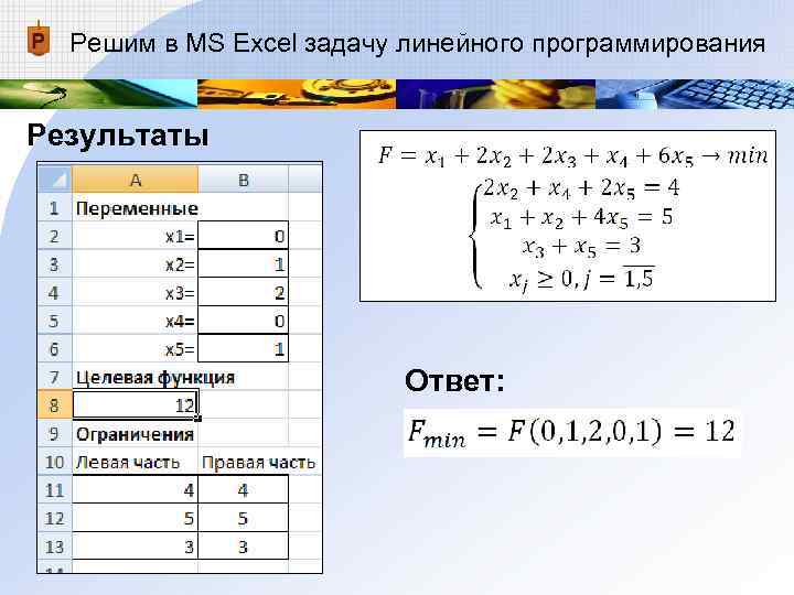 Решим в MS Excel задачу линейного программирования Результаты Ответ: 